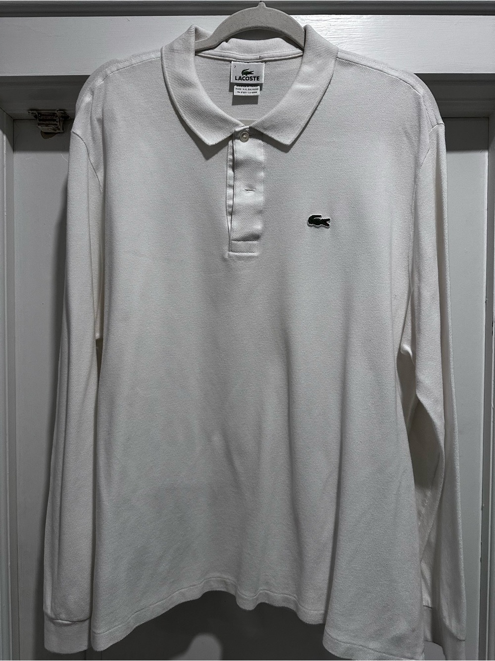 Lacoste White Long Sleeve Polo with Green Crocodile Logo
